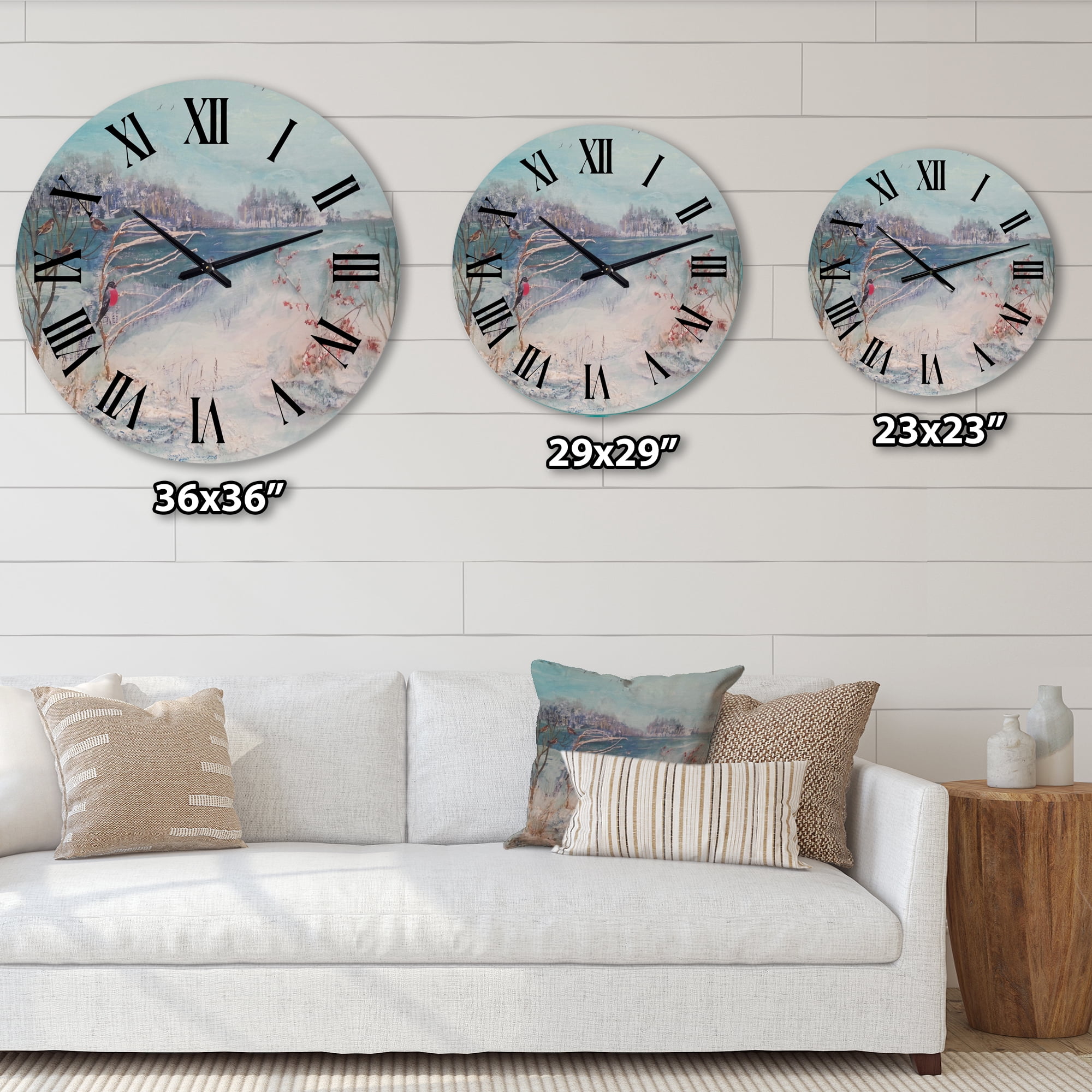 Designart 'Winter Trees River And Birds' Lake House Wall Clock