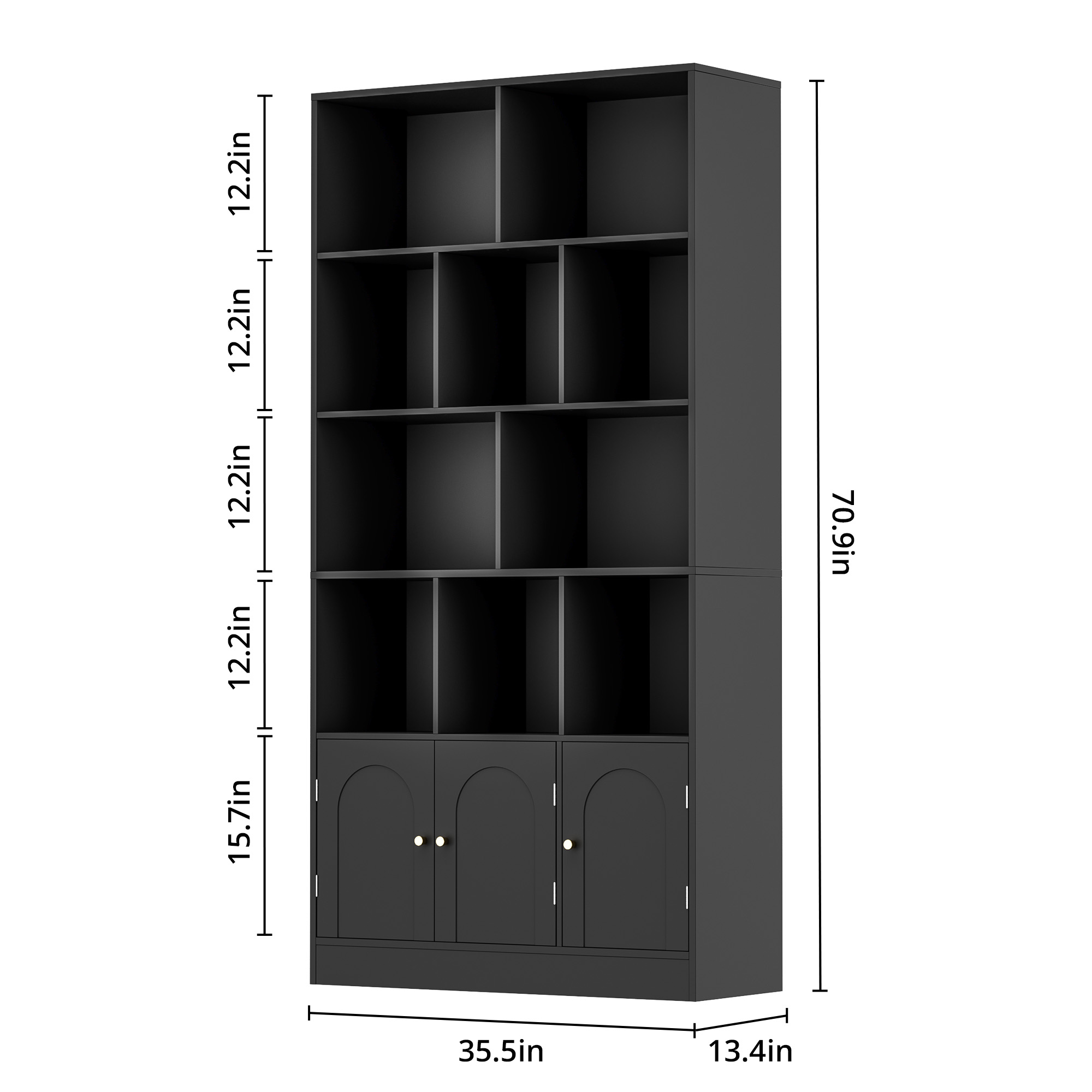 4-Tier Tall Bookshelf with 3 Doors, 71" Open Shelf Bookcase with 10 Cubes, Modern Cube Storage Organizer for Living Room, and Office, Black