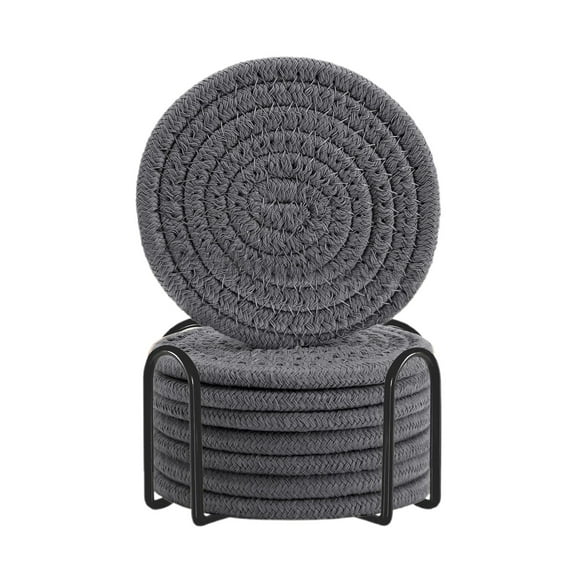 Piwvid 8 Pcs Drink Coasters with Holder, Cotton Woven Absorbent Coasters for Drinks, Minimalist Home Decor Coaster Set for Wooden Tabletop Protection Table, 4.3''