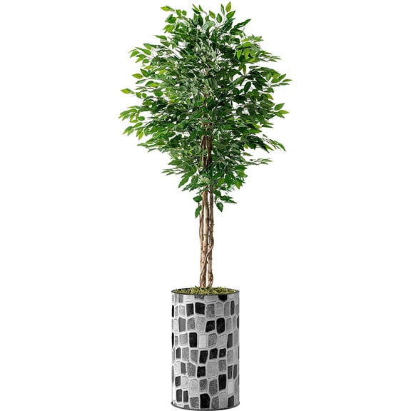 Artificial Tree in Modern Geometric Pattern Planter, Fake Ficus Silk Tree for Indoor and Outdoor Home Decoration - 66" Overall Tall (Plant Pot Plus Tree)
