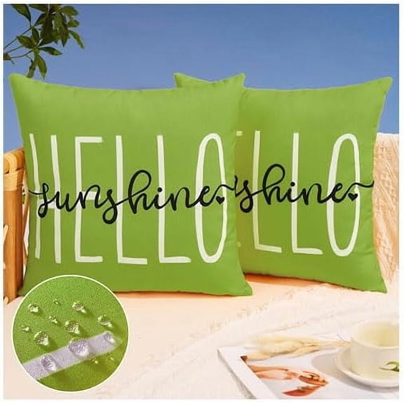 Outdoor Pillow Covers 16x16 Inch Set of 2 Hello Sunshine Decor Grass Green Waterproof Throw Pillow Covers Summer Outdoor Pillow Covers Decor for Patio Funiture Garden Sofa Couch 020E16