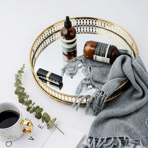 32x4cm Decorative Tray Metal Glass Vintage Mirror Glass Storage Plate Round Desk