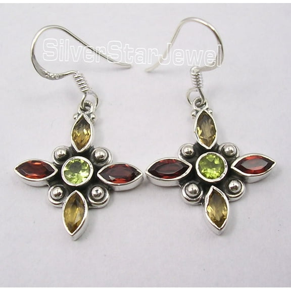 SilverStarJewel Sterling Silver Peridot, Citrine, Garnet Earrings 1.4"