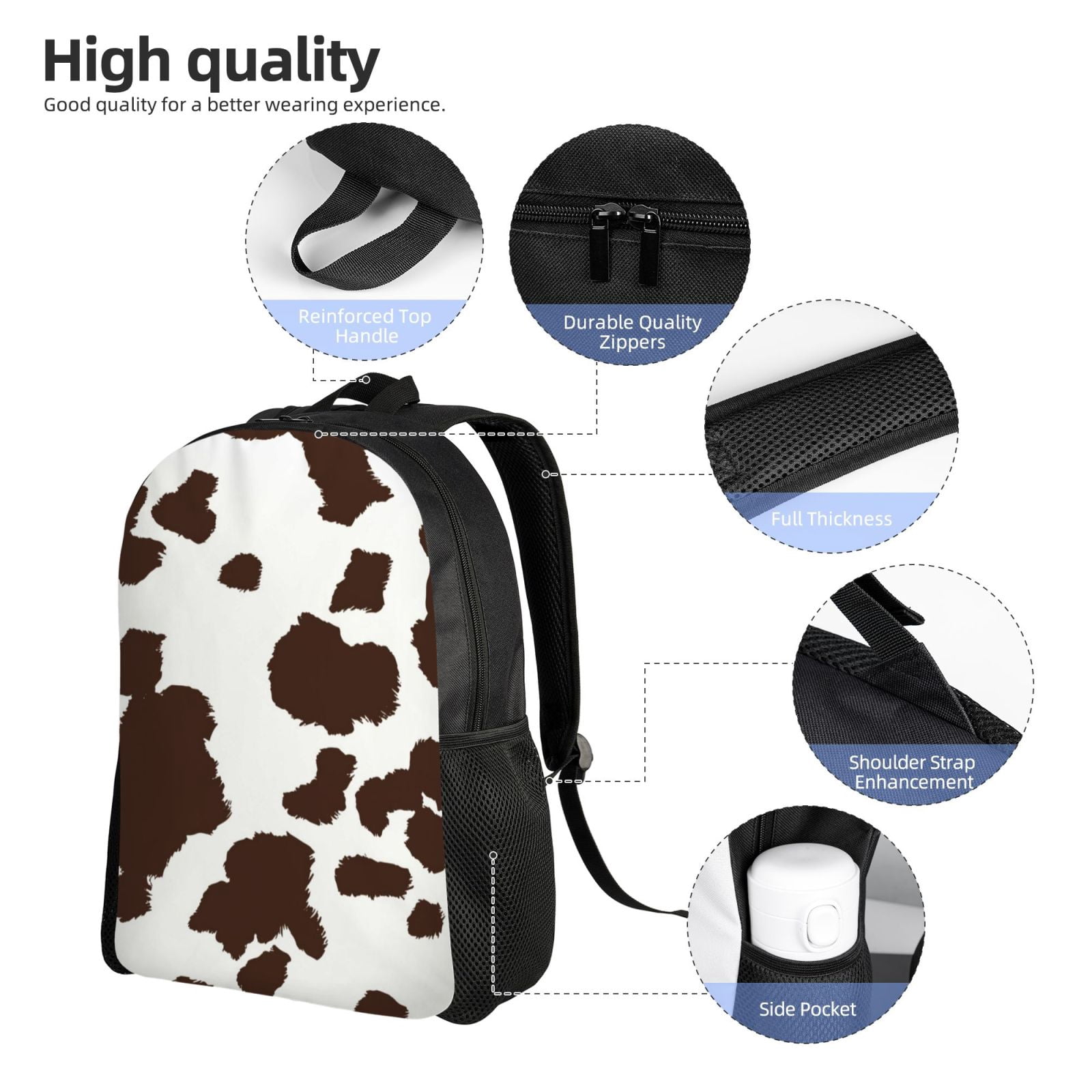 Horeoi Brown Cow Print Waterproof 600D Oxford Laptop Backpack for School Travel Work - Lightweight Durable Bag with Adjustable Straps