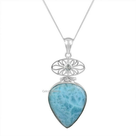Pure 925 Sterling Silver Necklace For Women, Genuine Larimar & Blue Topaz Multiple Gemstone Unique Handcrafted Necklace For Her