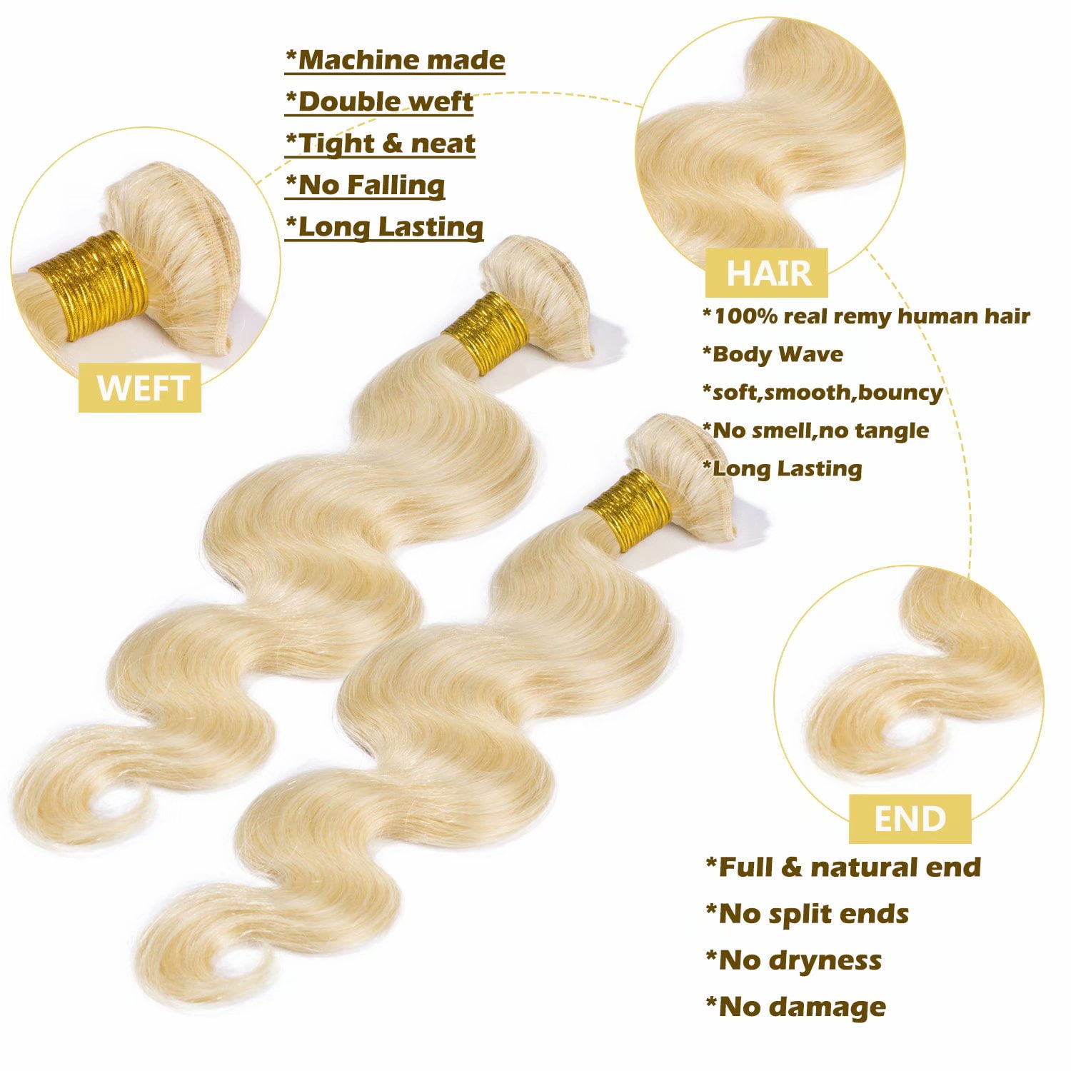 Benehair Brazilian Body Wave Blonde Human Hair Bundles 100% Virgin Human Hair Bundles Hair Weave Extensions Thick Soft 1 bundle Hair 100g
