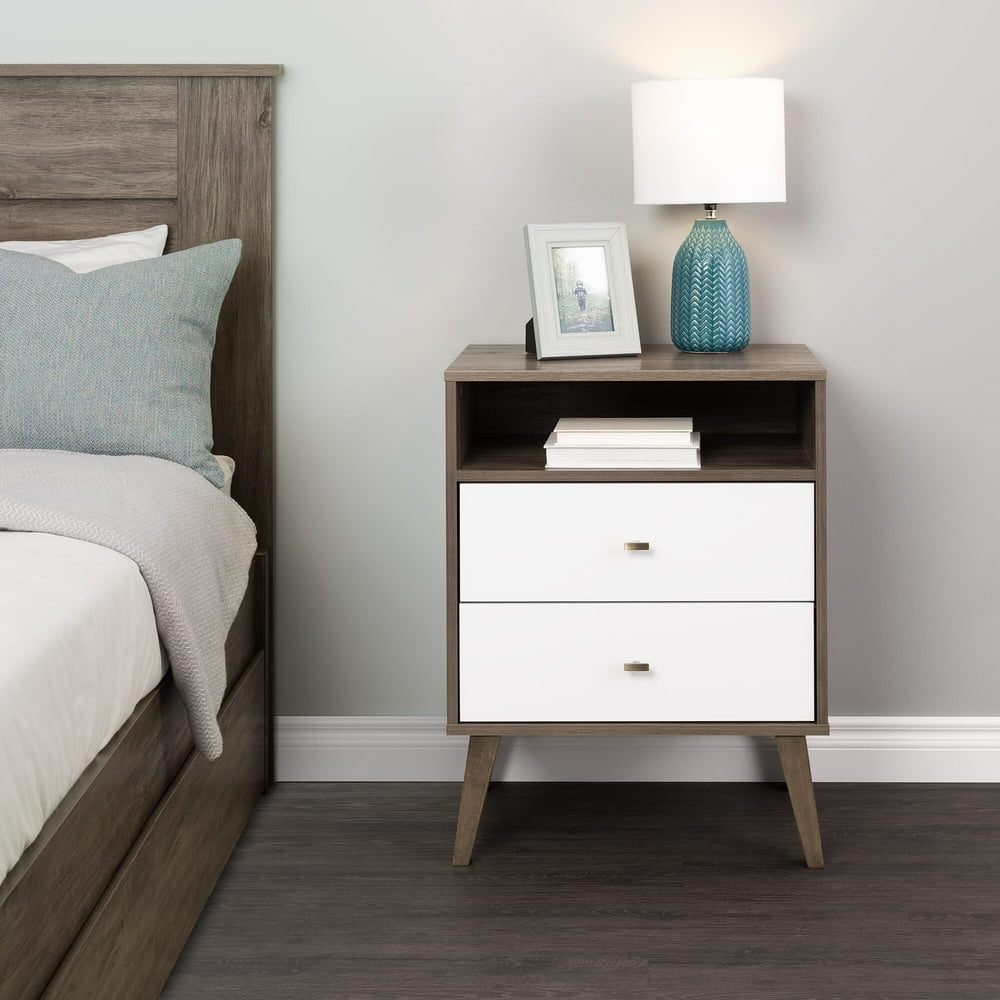Prepac Milo Mid Century Modern 2Drawer Tall Nightstand with Open Shelf