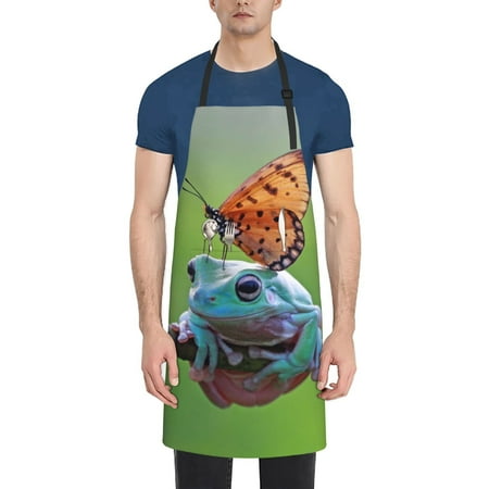 

Tebeau Butterfly Landing On Head Dumpy Frog Print Waterproof Cooking Aprons Adjustable Bib Soft Chef Apron with 2 Pockets for Men Women