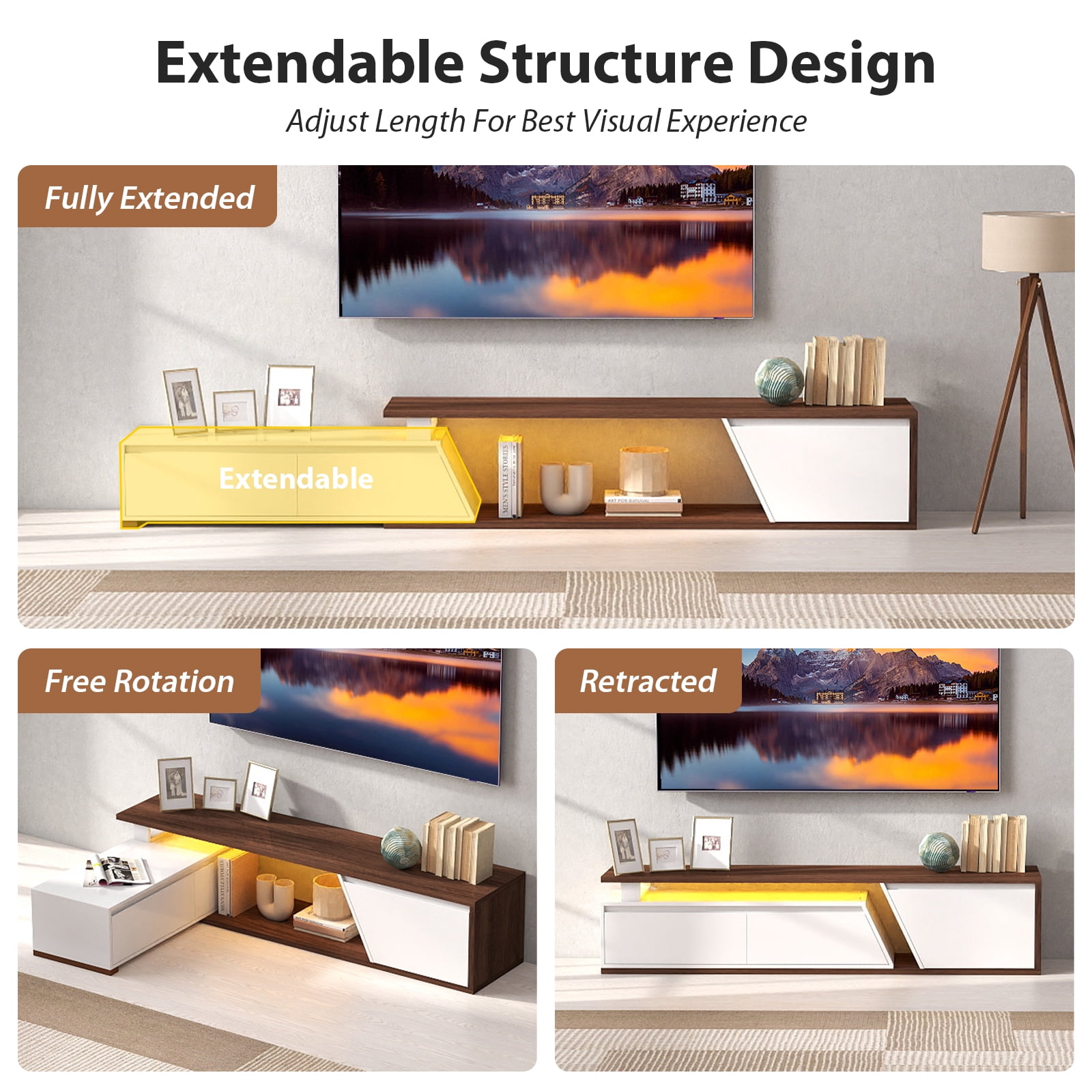 JOIVI Extendable LED TV Stand, Modern Entertainment Center with 2 Drawers, Sliding Tabletop Media Console with Storage Cabinet for Living Room, 71.0" - 106.3", White