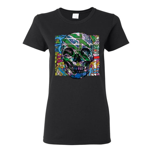 Colorful Abstract Skull Face Streetwear Womens Graphic T-Shirt, Black, Small
