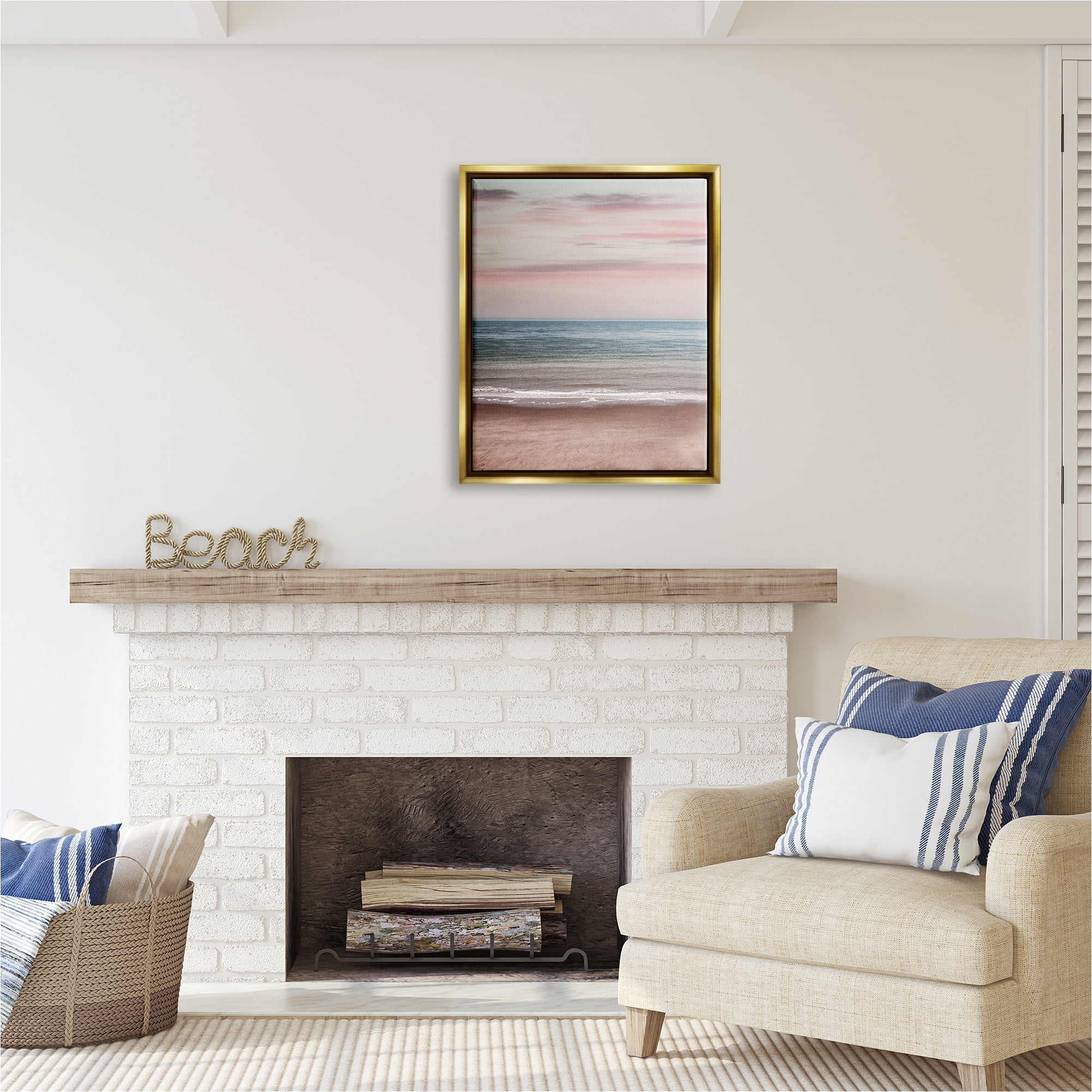Stupell Industries Pastel Shore Sunrise Landscape Painting Gold Floater Framed Canvas Art Print Wall Art, 25 x 31