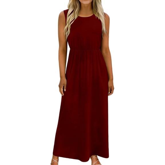 aohooy Summer Dresses for Women 2026 Maxi Tank Dresses Crew Neck Empire Waist Long Flowy Pleated A Line Sleeveless Sundresses Red,M