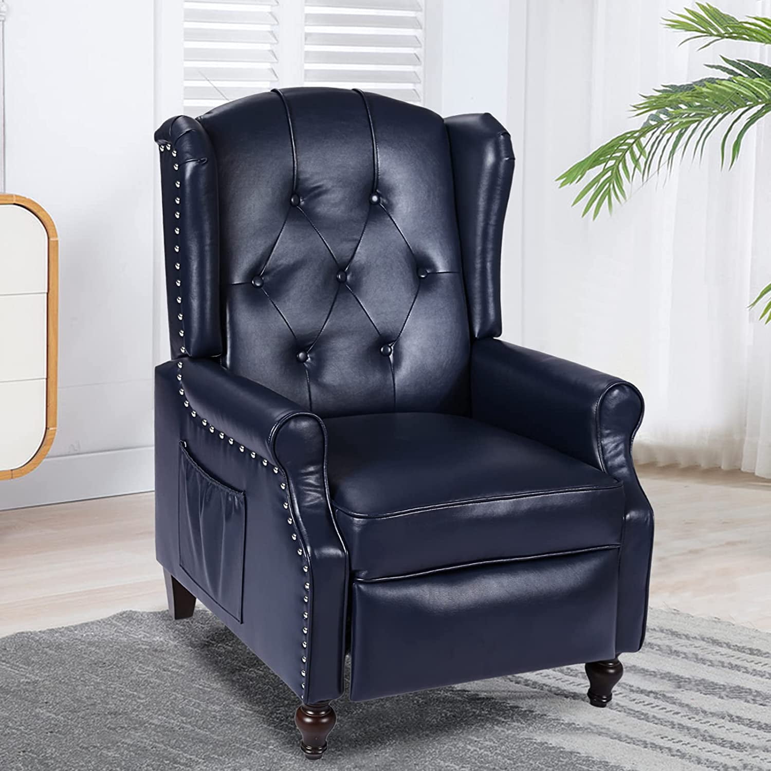 Recliner Wingback Chair - PU Leather Arm Heat Push Back Massage Remote Control Heat Backrest Blue Purple