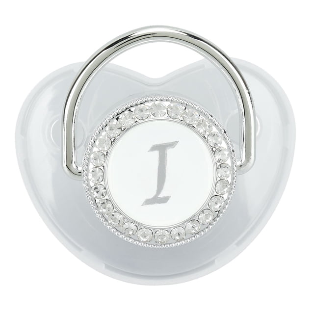 Baby Silicone Baby Pacifier Silver A-Z Letters Safe BPA Free One Piece Seamless Pacifier with Lid for Infant 6-18 Months. The pacifier features a silver design with a decorative 'I' letter in the center, surrounded by rhinestone-like embellishments. Made from high-grade silicone and PP materials, it is lightweight, flexible, and includes a lid for hygiene. Suitable for infants aged 6-18 months.