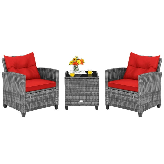 Costway Ensemble Bistro de 3 Pcs en Rotin pour Patio Canapés Coussinés Table d'Appoint Accoudoirs Rouge