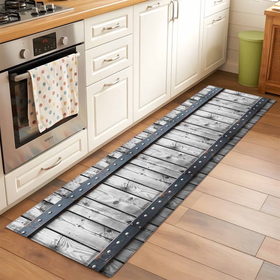 Grey Wood Grain Runner Rug 2x6 FT, Non Slip Hallway Carpet, Country Vintage Barn Door Rustic Lodge Washable Soft Floor Carpet Throw Runner Carpet Long Rug for Entryway Kitchen Bedside Sliding Door