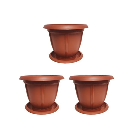 Round Terracotta Plastic Floral Flower Pot with Plate, 3 Count