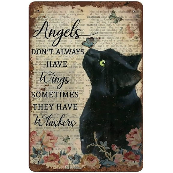 Angels Don't Always Have Wings Sometimes They Have Whiskers Tin Sign Vintage Floral Black Cat Cat Lovers Gift Vintage Metal Sign Plaque Metal Man Cave Bar Pub Club Home Wall Decoration 12x8 Inch