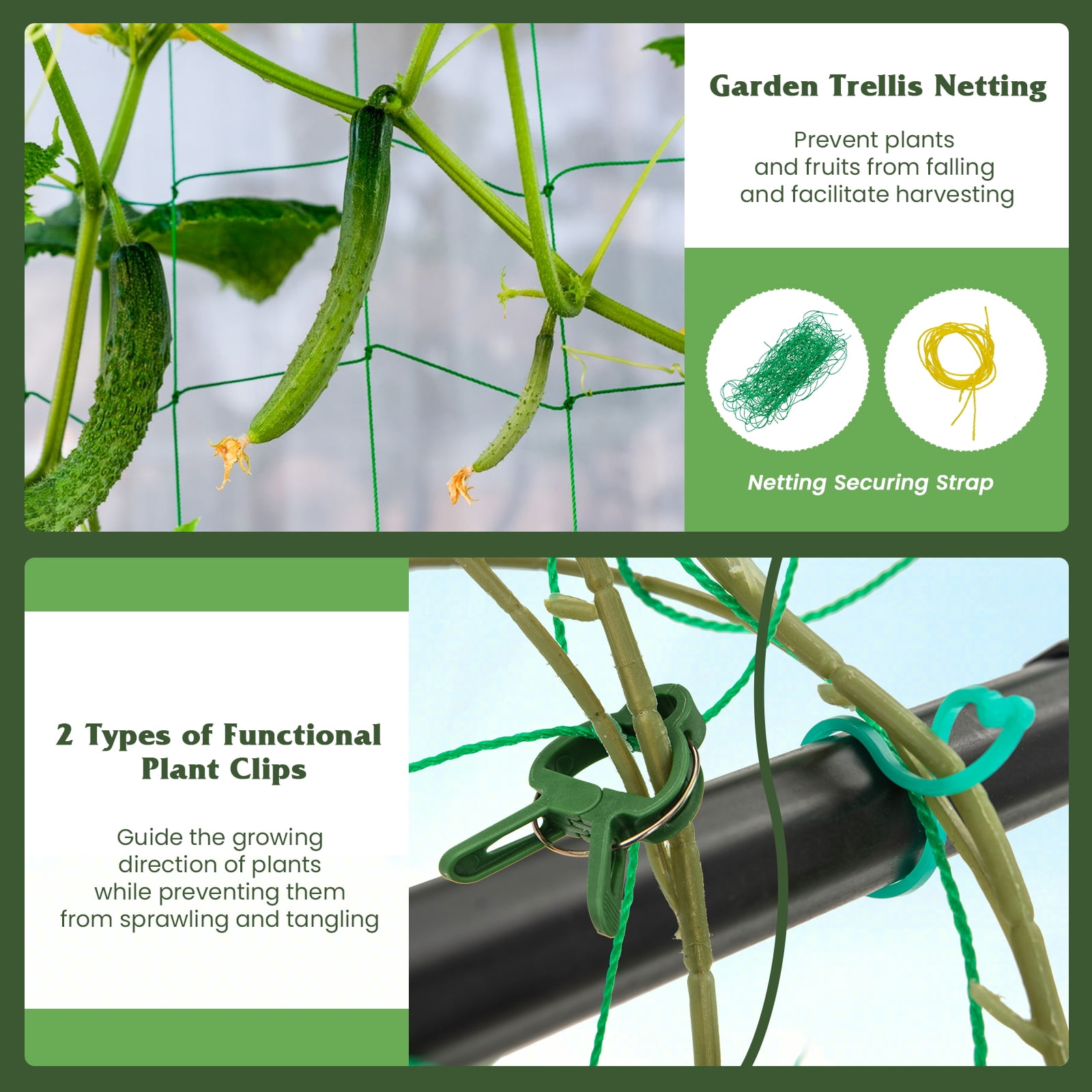 Patiojoy Cucumber Trellis for Plant Climbing Foldable Garden Tunnel Trellis w/ Plastic Coated Tube Trellis Net, Adjustable Auxiliary Clips