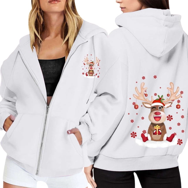 WILLBEST Sudadera de Mujer con Estampado Navideño, Cremallera, Manga Larga, Bolsillo, Cordón Ajustable y Capucha Informal 2228 Chica