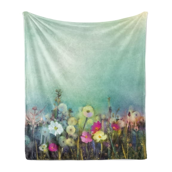 Flower Soft Flannel Fleece Blanket, Poppy Daisy Chamomile Patterns in Meadow Wilderness Feminine Themed Art Rural Print, Cozy Plush for Indoor and Outdoor Use, 70" x 90", Multicolor, by Ambesonne