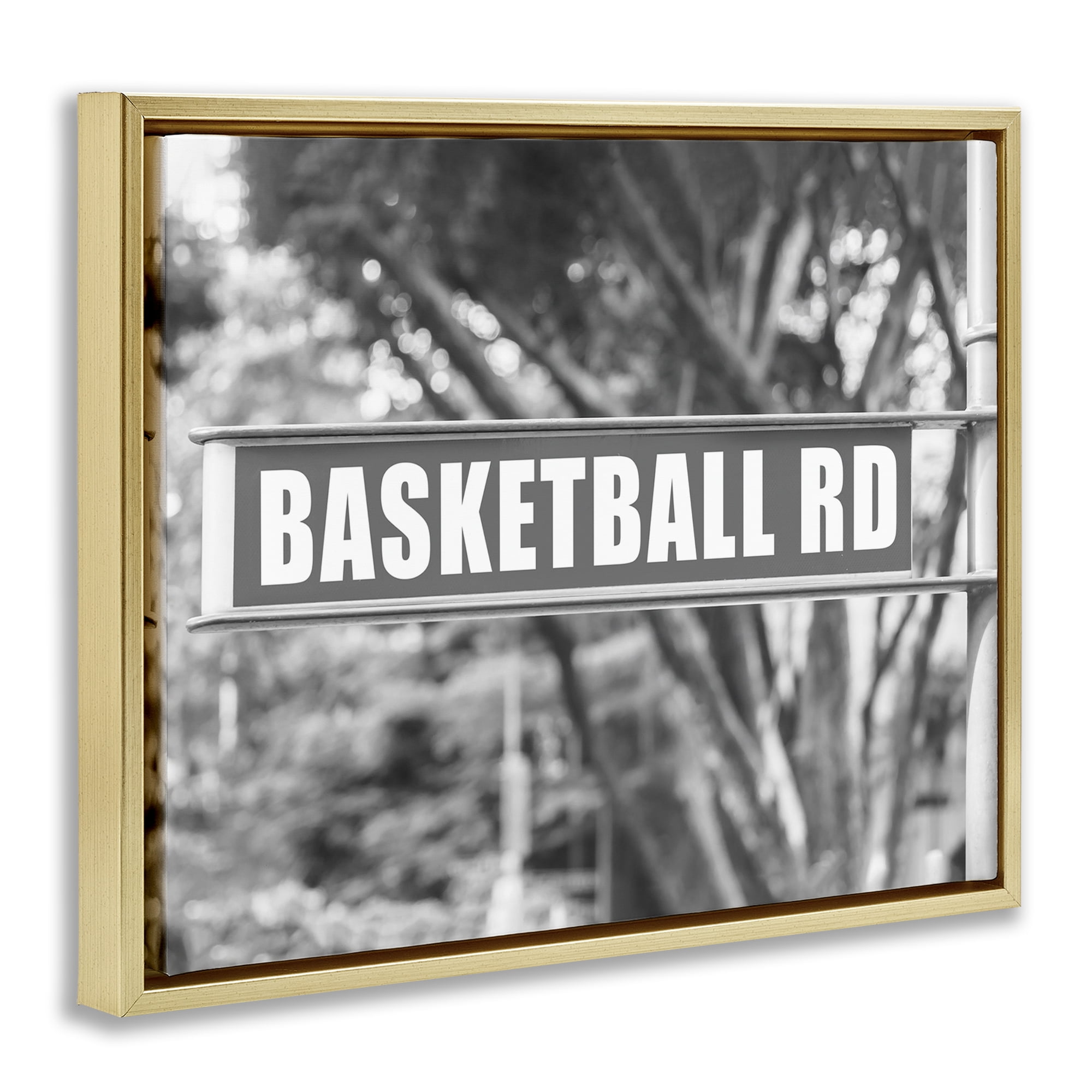 Stupell Industries Basketball Road Sign Sports Photography Gold Floater Framed Canvas Art Print Wall Art, 21 x 17
