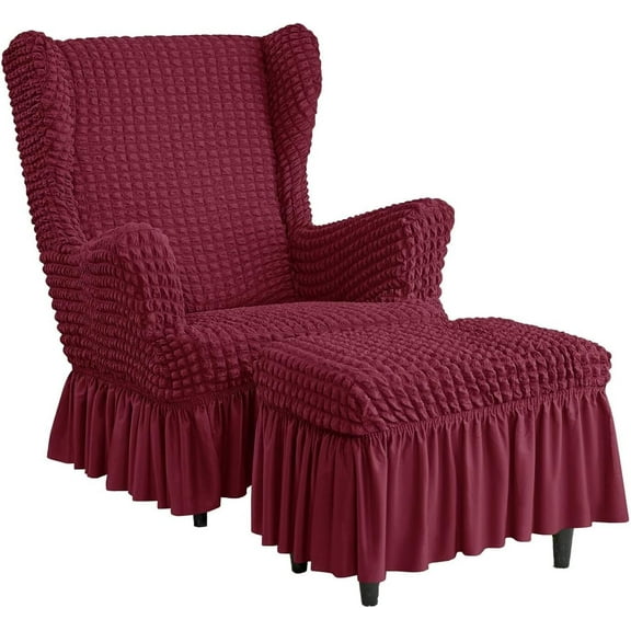 LKJYER Stretch Seersucker Wingback Chair Slipcover, Universal Bubble Wing Chair Slipcovers with Skirt, Living Room High Back Chair Covers Set with Ottoman Cover, Covers for Armchairs