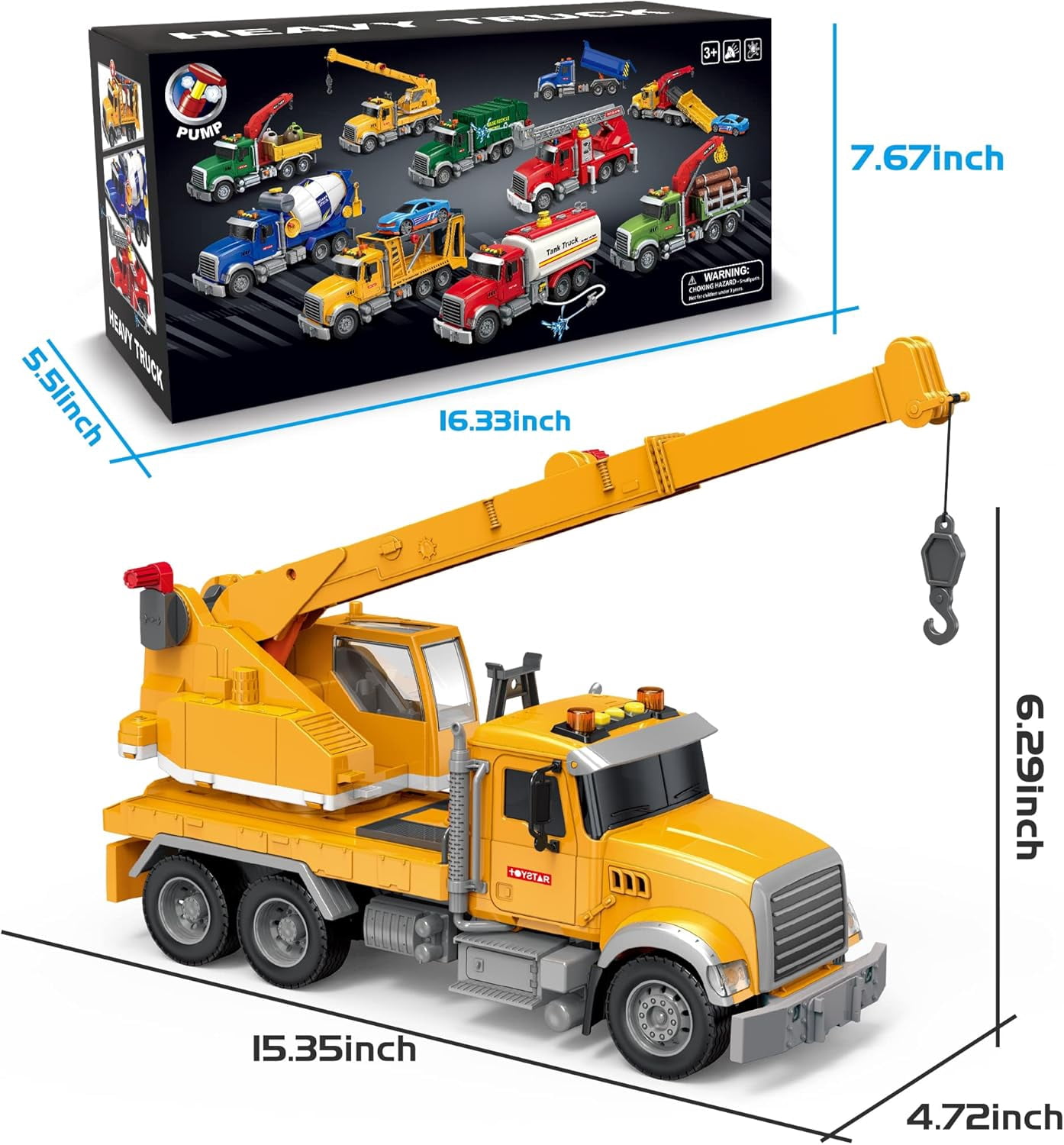 15" Construction Crane Truck Toy With Lights & Sounds - Realistic Friction-powered Engineering Vehicle With Movable Arm & Working Headlights | STEM Educational Gift for Kids