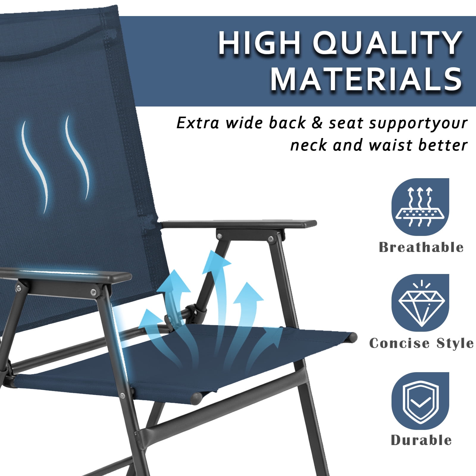 Set of 4 Outdoor Folding Chairs, Portable Patio Dining Chairs with Armrests & High Back, Sturdy Steel Frame for Garden, Lawn, Poolside, Camping (blue)
