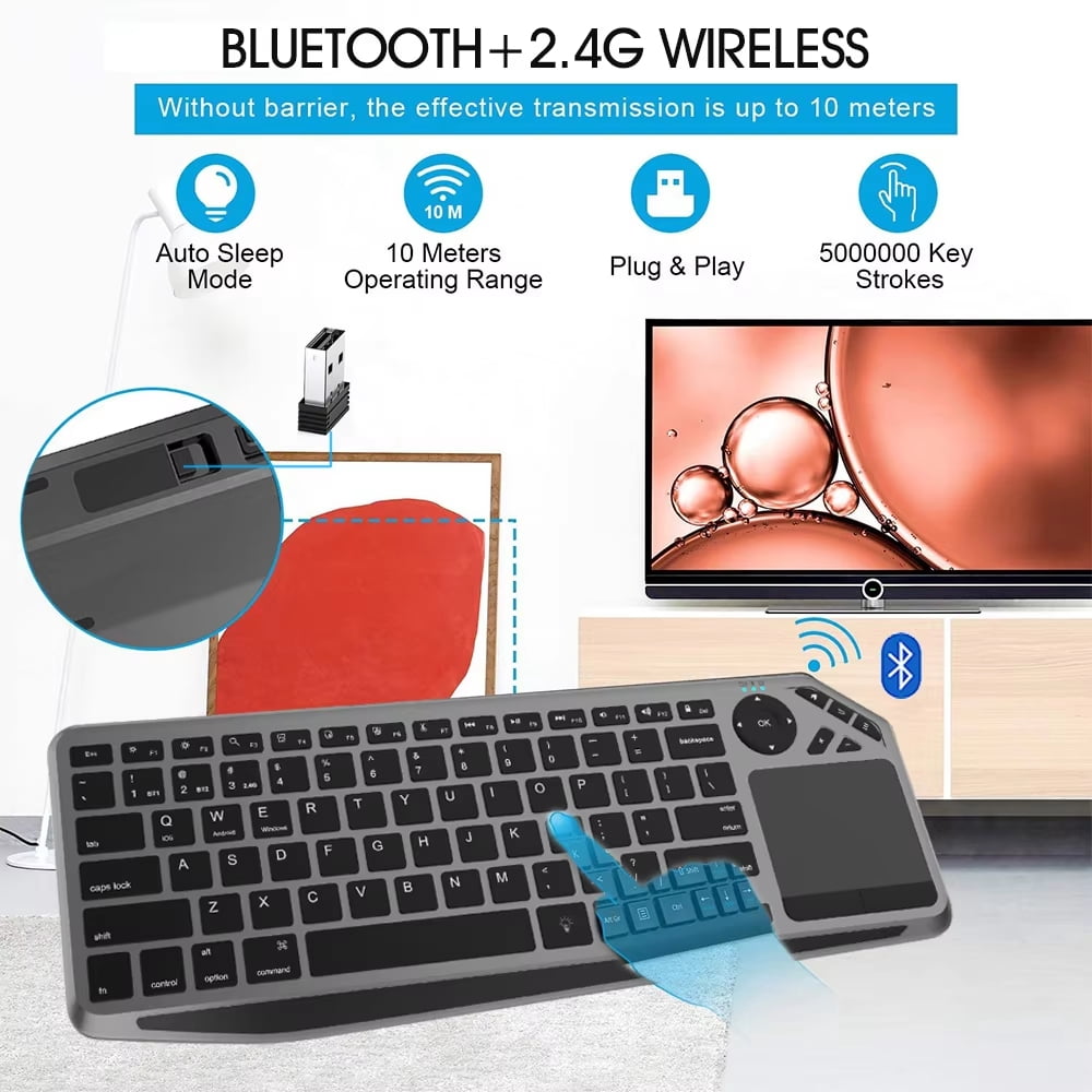 JOMAA 2 IN 1 TV Compact Keyboard with Mouse Function, 2.4Ghz and Bluetooth, Rechargeable, Support 3 Device for Smart TV, Tablet, Laptop etc,