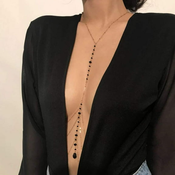 1pc Iron & Black Glass Layered Body Chains for Women Golden 500mm Black