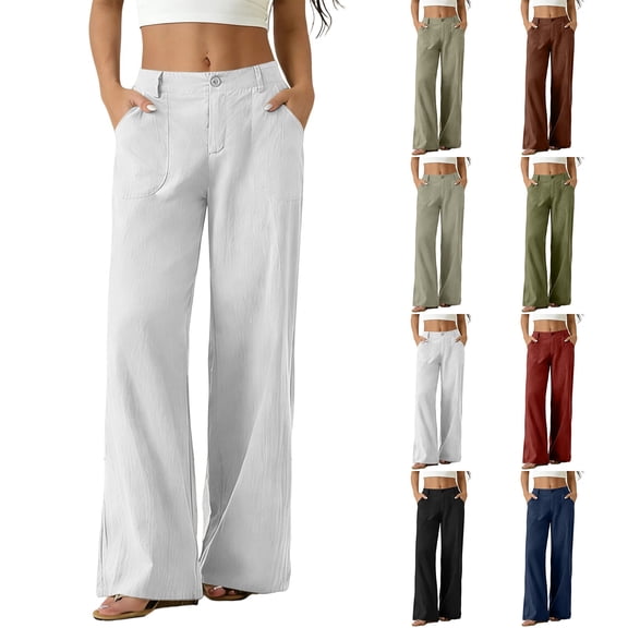 Women's Cotton Linen Wide Leg Pants Summer Casual Button up High Waisted Loose Trousers with Pockets by Yigetop Beige L