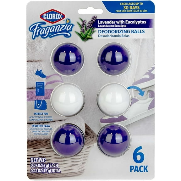 Clorox Fraganzia Deodorizing Balls, Lavender with Eucalyptus Scent - Battery Free Air Refresher, Odor Eliminators for Shoes, Gym Bag, Closet, Locker, Hamper, and Drawer Odor Deodorizers, 6 Count