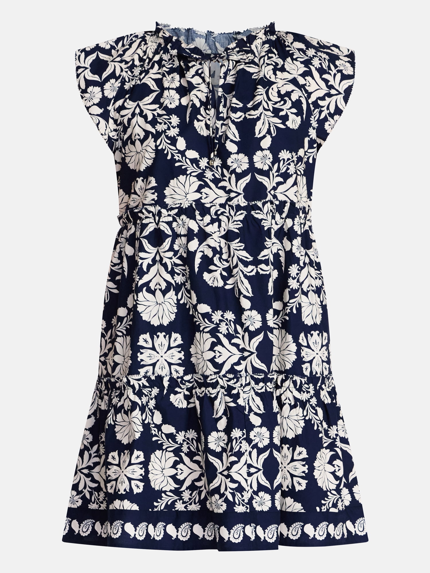 Time and Tru Women's and Women's Plus Tiered Cotton Mini Dress with Flutter Sleeves, Sizes XS-4X