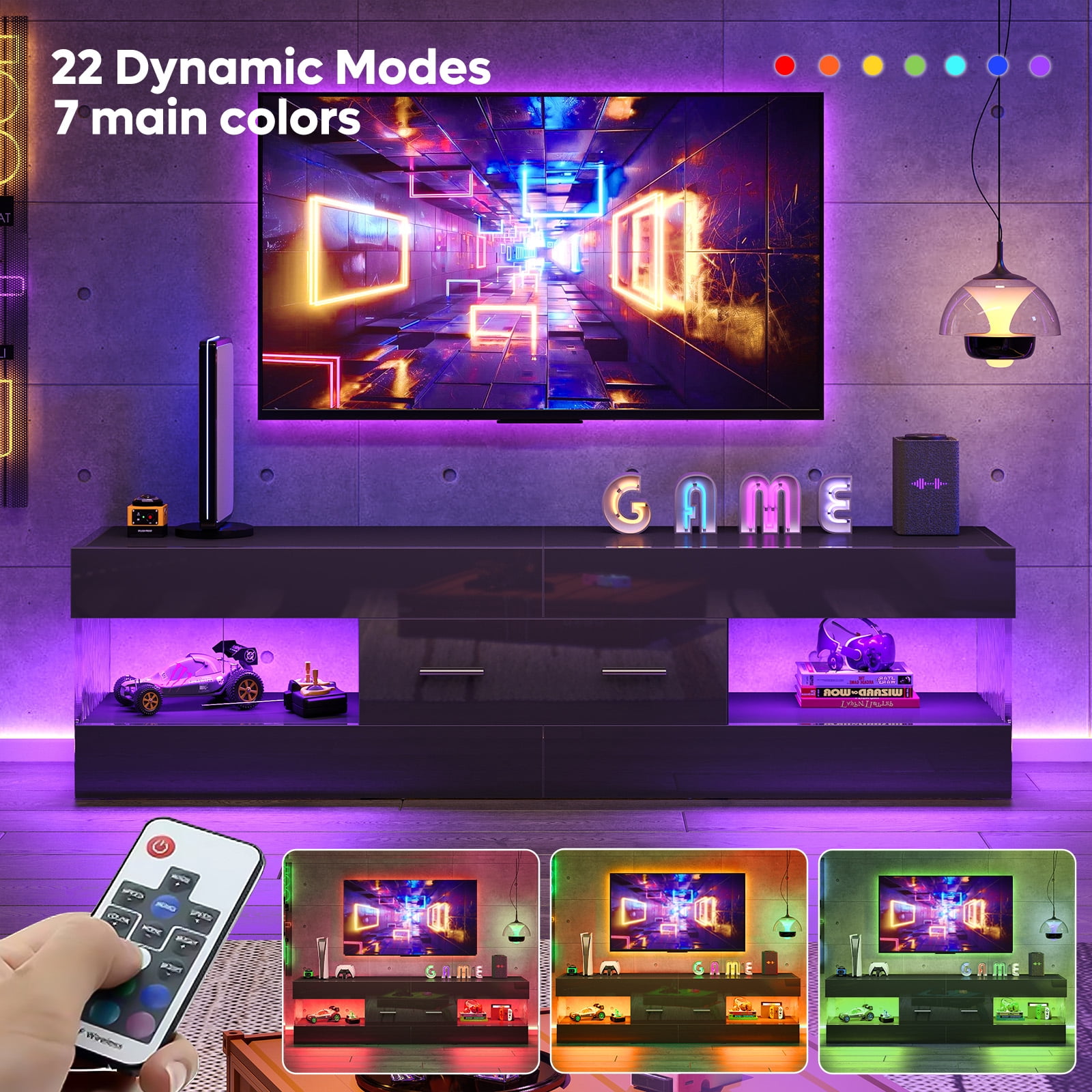 Bestier Black TV Stand for TVs up to 65", Modern Entertainment Center for TVs with LED Light, High Gloss TV Console Table with Storage Drawers
