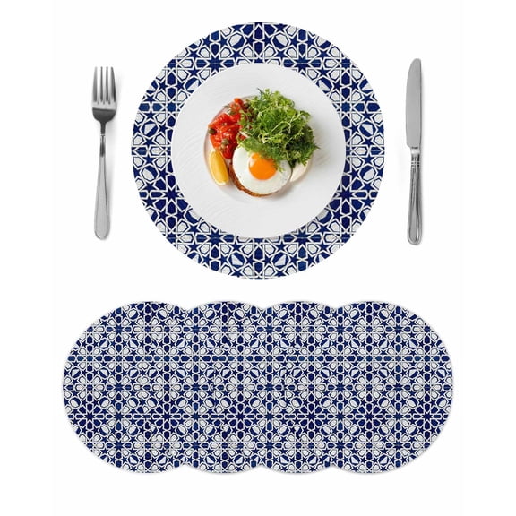 Navy Blue Geometric Round 15 Inch Placemats Set of 4, Vintage Abstract Art HeatResistant Non Slip Place Mats for Dining Table, Wipeable Braided Kitchen Table Mats for Housewarming