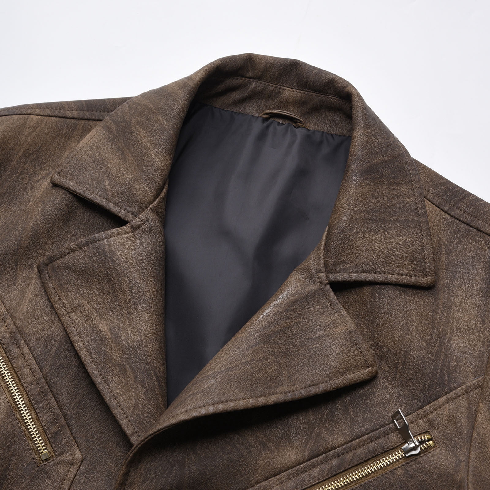 Dolkfu Brown Men Jacket Faux Leather Distressed Windbreaker Motocycle Vintage Trench Coat Mens Coats Winter 3XL