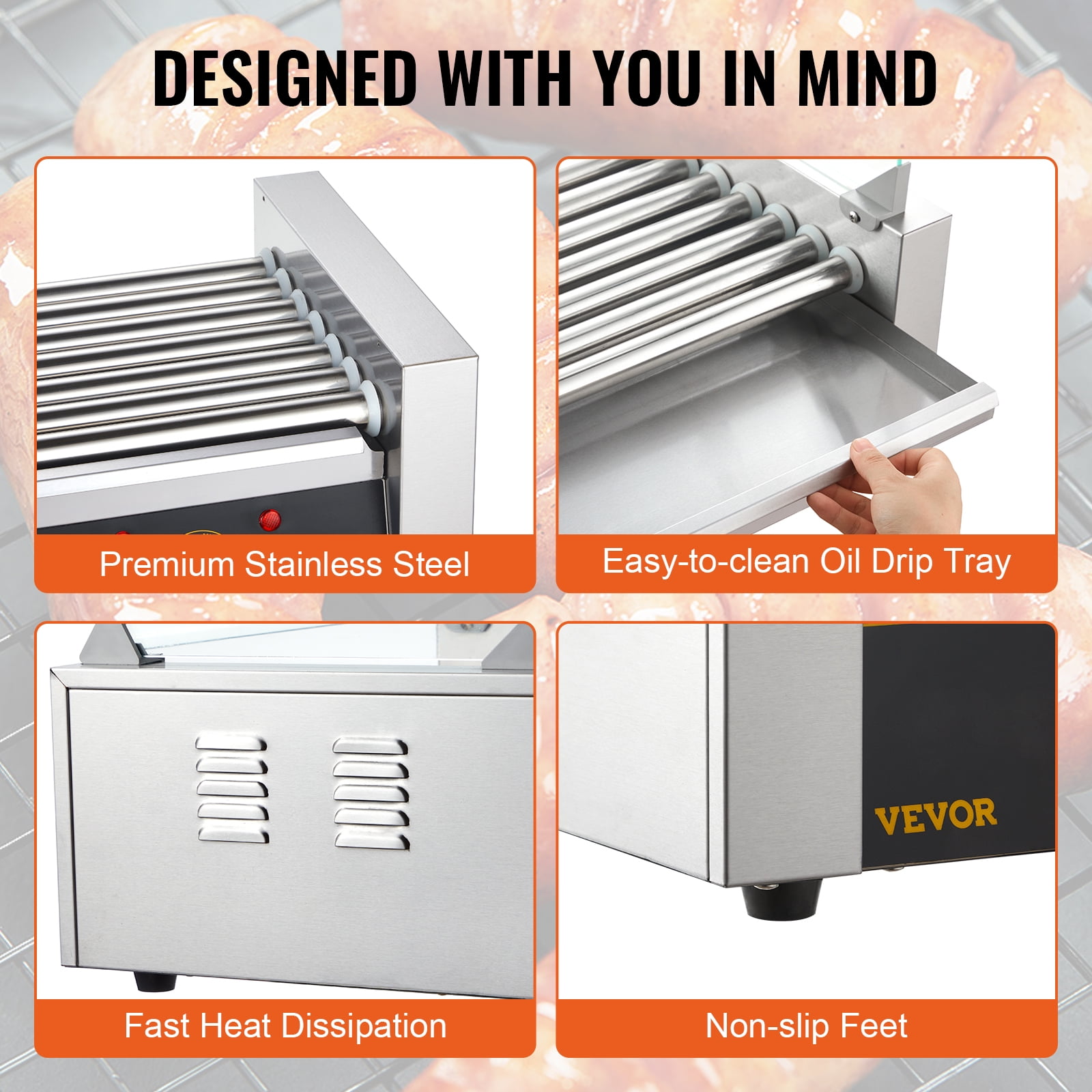 VEVOR Electric 18 Hot Dog 7 Roller Grill Cooker Machine Backsplash & Shelf 1050W