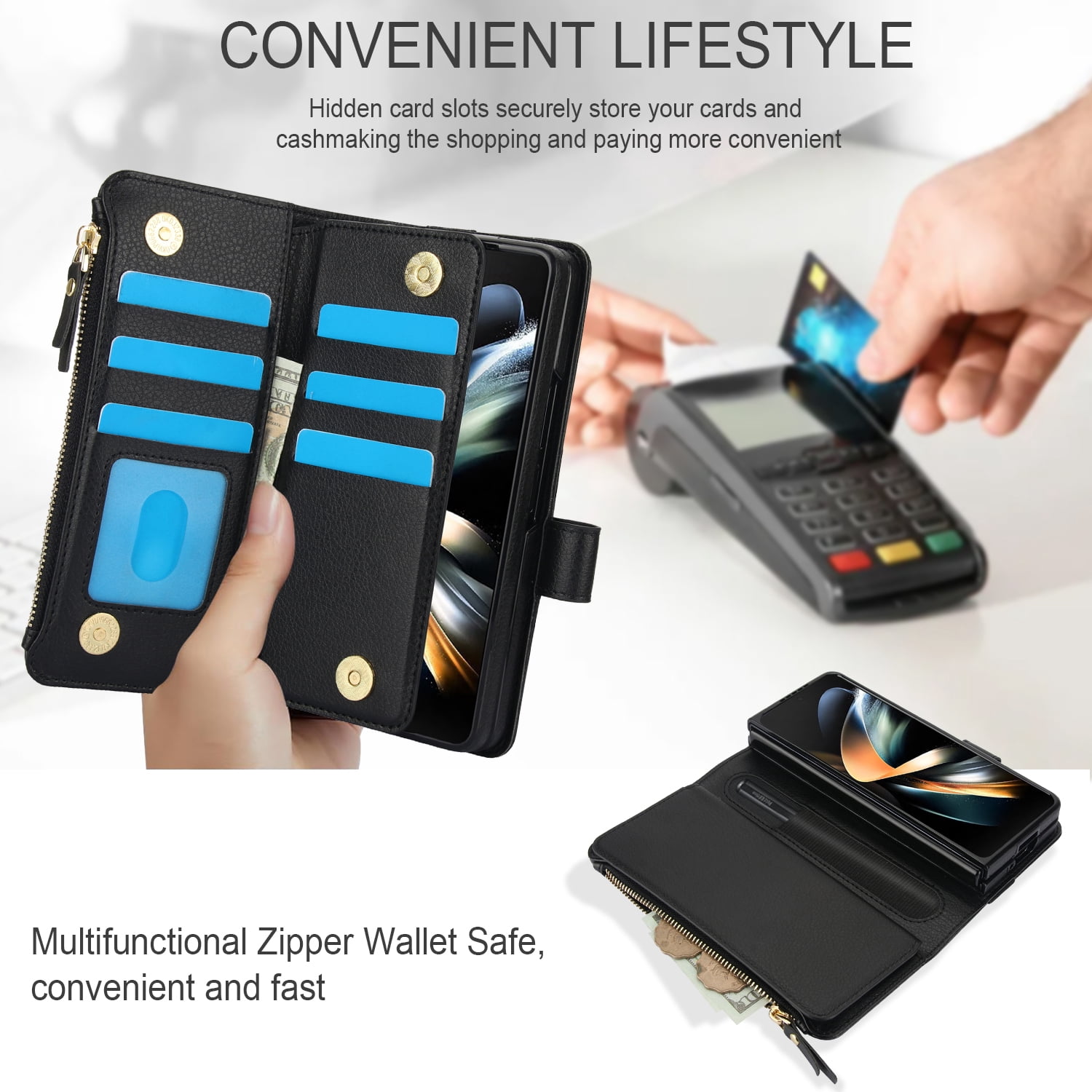 for Samsung Galaxy Z Fold 3 Wallet Case with S Pen Holder, Magnetic Closure with RFID Blocking ID Card Slots Zipper Purse PU Leather Flip Kickstand Lanyard Phone Case,Black