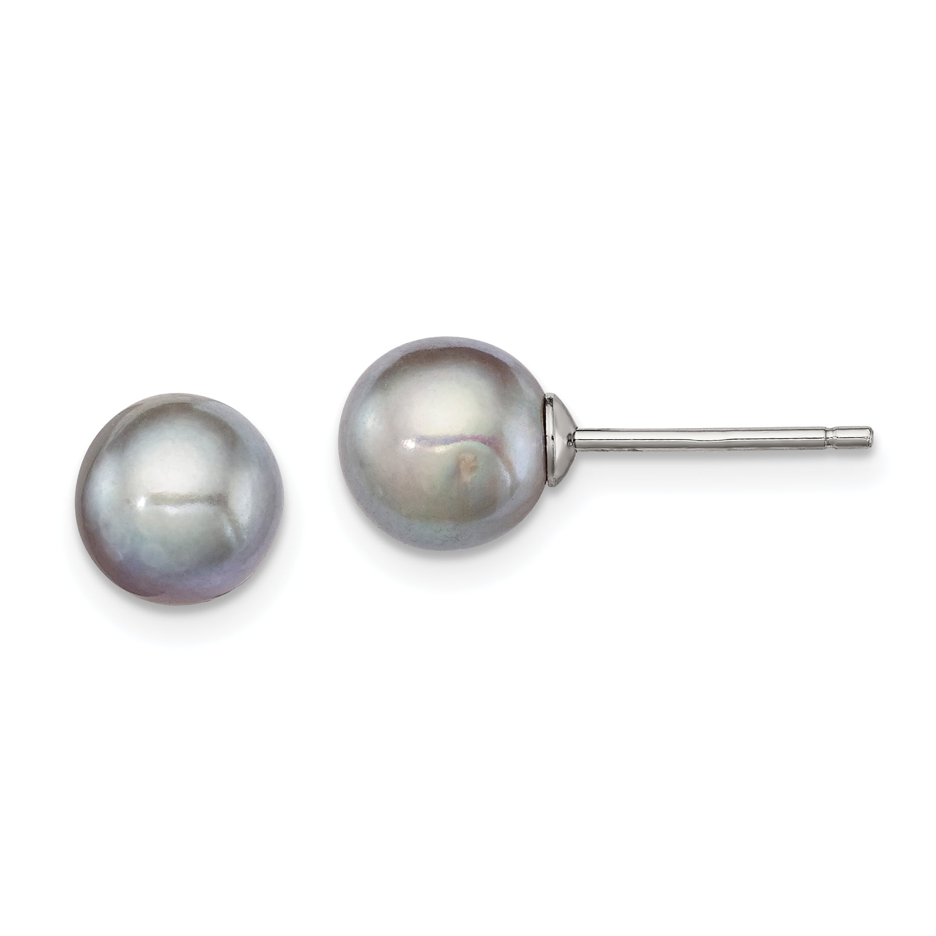 Sterling Silver 7-8mm Black FW Cultured Round Pearl Stud Earrings