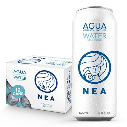 NEA Canned Water – Pure Spring Water in Cans from the Austrian Alps – Natural Mineral Drinking Water – 16.9oz Can – Plastic-Free Boxed 12-Pack