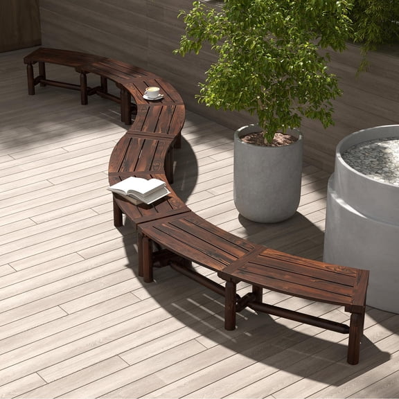 Deep Espresso Curved Outdoor Bench For 2 - Backless Fir Top Pine Legs Garden Patio Fire Pit Seating