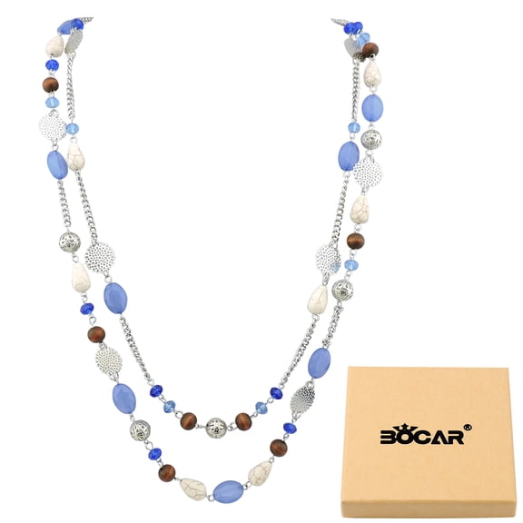 Bocar Long Statement Necklaces for Women Trendy, Boho Costume Jewelry Layered Crystal Beaded Collar Necklaces for Women (NK-10084-Diva-Blue)