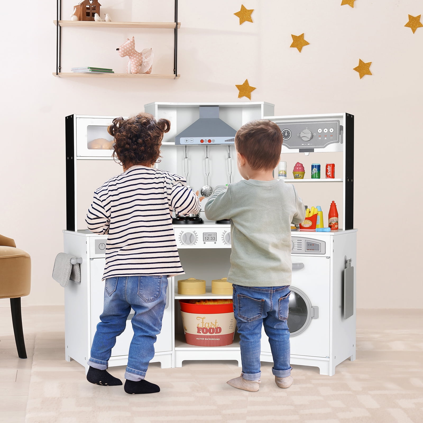 Arlopu Kids Corner Kitchen Playset Wooden Chef Play with Stove, Water Dispenser, Cutting Board