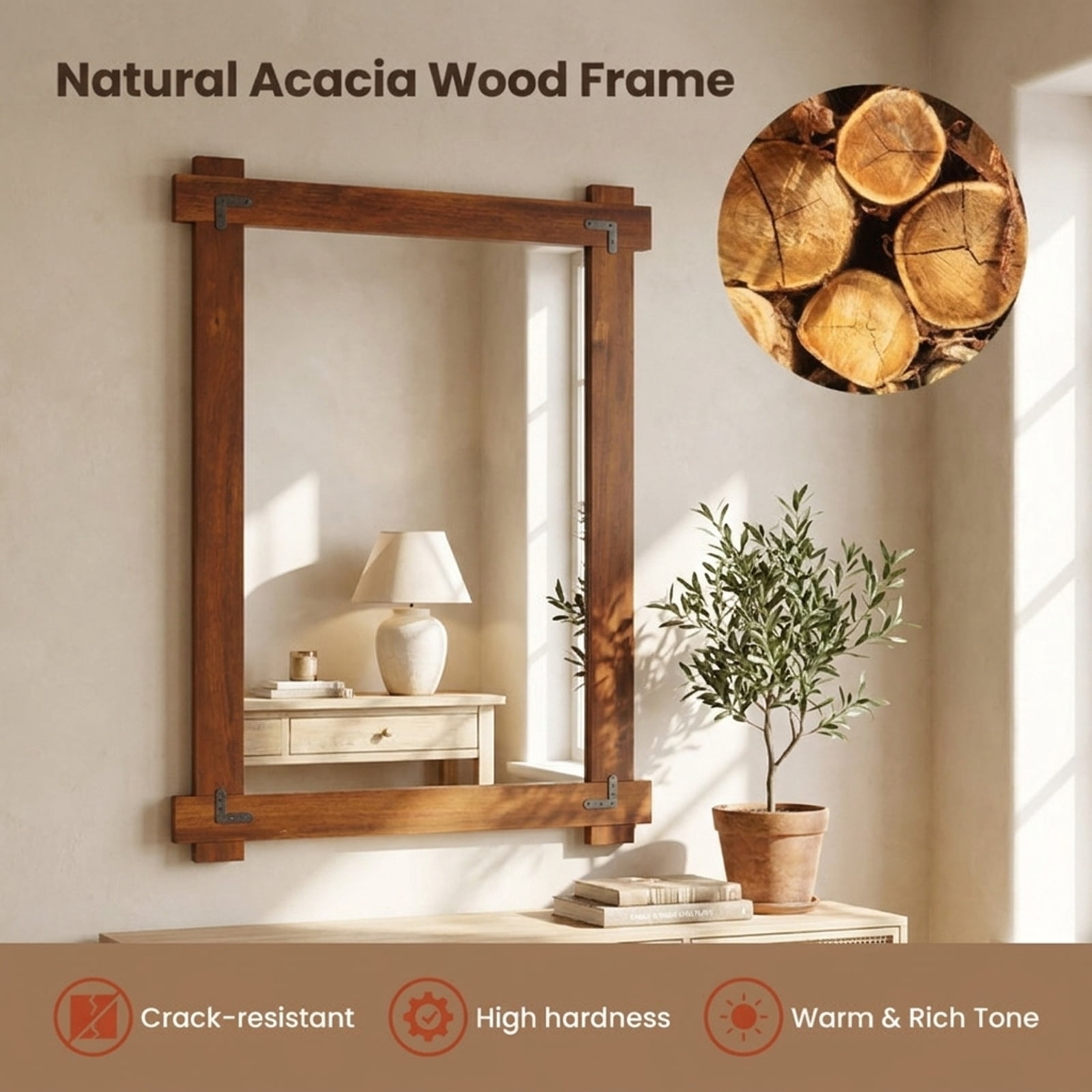 Vebreda Bathroom Wall Mirror, Wood Framed Mirror with Acacia Wood Frame and Vintage Rivet Design Brown, Ample Storage, Zero Clutter