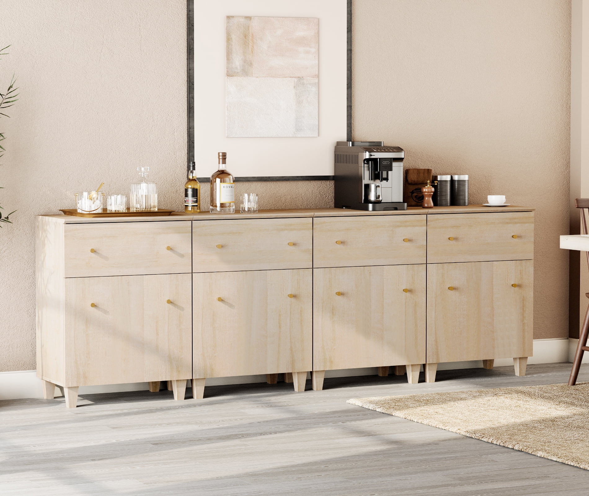 Buffet Storage Cabinet with 4 Drawers and 4 Adjustable Shelves, 94" Wide, Light Oak Wood Finish, 4 Pack