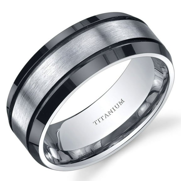 PEORA Classic Men's Genuine Titanium Wedding Band Ring, Black and Silver Tone, 8mm Beveled Edge Comfort Fit, Size 9