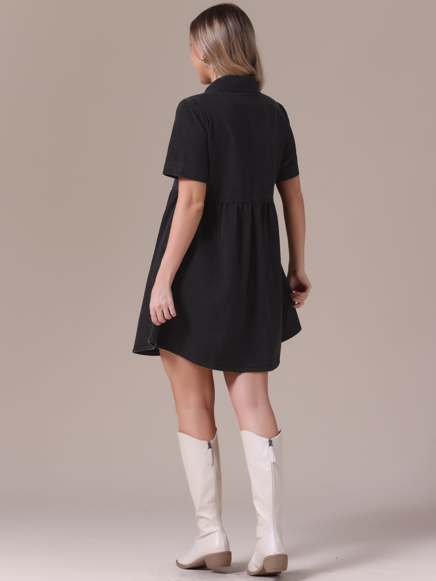 DARING DIVA Women's Denim Babydoll Collared Short Sleeve Button Down Dress S Black