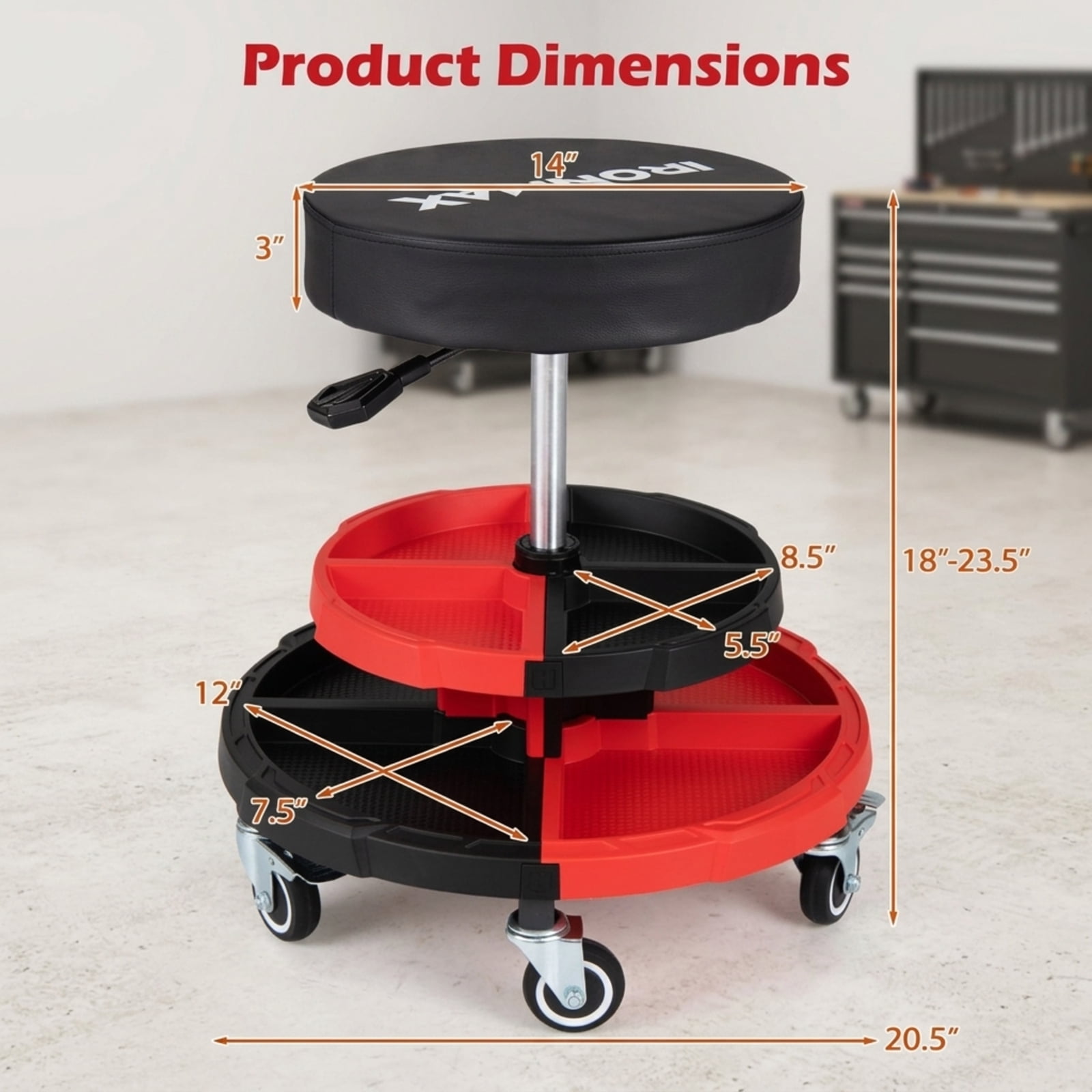 Biotree Rolling Mechanic Stool 23.5" x 20.5" for Auto Repair Workshop Mechanic with Tool Tray for Garage Shop, Red