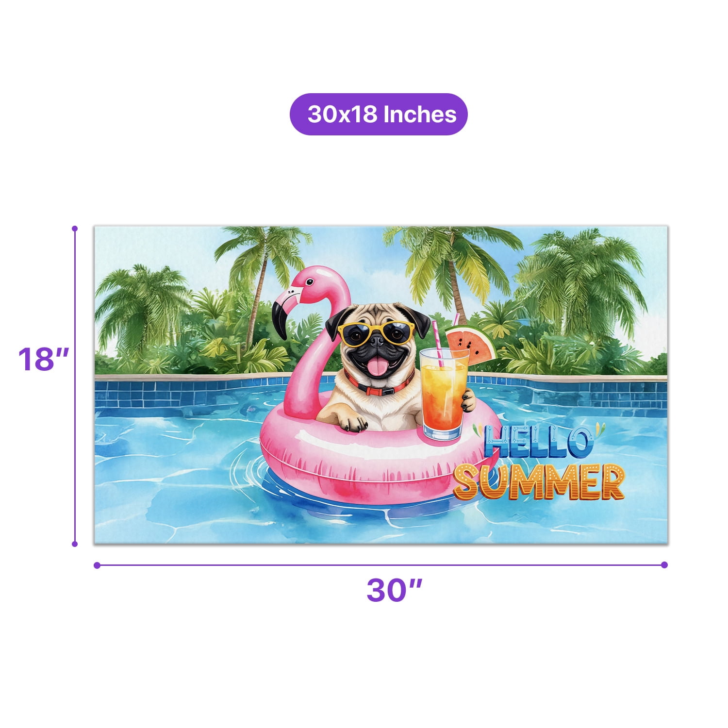 Hello Summer Pug at Swimming Pool Flamingo Swim Ring Doormat Dog Lover Gifts Indoor Outdoor Welcome Mat - 12009